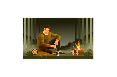 Young Man Sitting at a Campfire