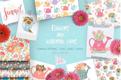 Vector set Flowers and watering cans