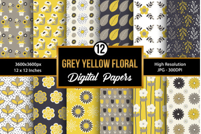 Grey &amp; Yellow Flowers Seamless Pattern Digital Papers