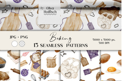 Watercolor Baking Seamless Patterns Set. Cooking Backgrounds