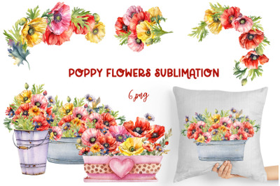 Watercolor Poppy flower Clipart Bundle, Transparent PNG