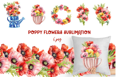 Watercolor Poppy flower Clipart Bundle, Transparent PNG