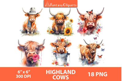 Highland Cows Clipart | Watercolor Fluffy Calf In A Bucket