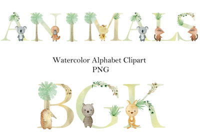 Alphabet with watercolor australian animals.