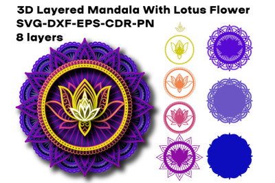 3D Layered Mandala With Lotus Flower for Laser Cut, Cricut,