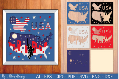 Patriotic Shadow Box USA 3D Layered SVG