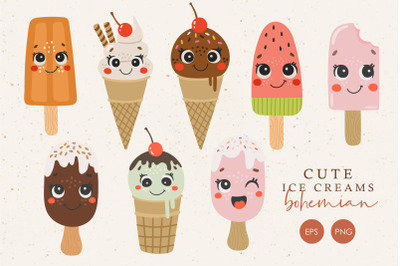 Cute ice cream clipart, Ice creams with face clipart