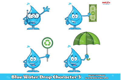 Blue Water Drop Cartoon Mascot Character 3