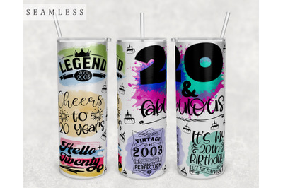 20th Birthday Tumbler Wrap, 20 Oz Skinny Tumbler Sublimation Design