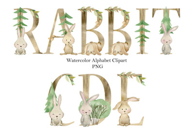 Watercolor alphabet with bunnies.