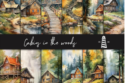 Watercolor cabins in the woods