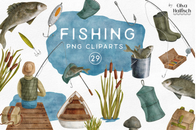 Watercolor Fishing Clipart. Fisherman, Lake Landscape, Fish Tackle PNG