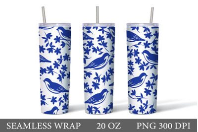 Blue bird and flowers Tumbler Wrap. Blue and White Tumbler