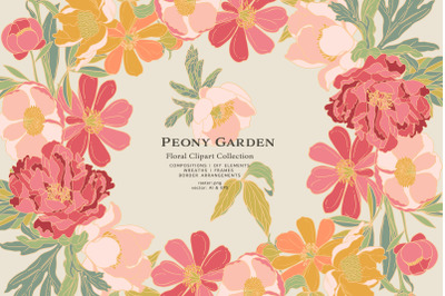 Peony Garden Floral Clipart Collection
