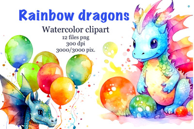 Rainbow dragons, watercolor clipart