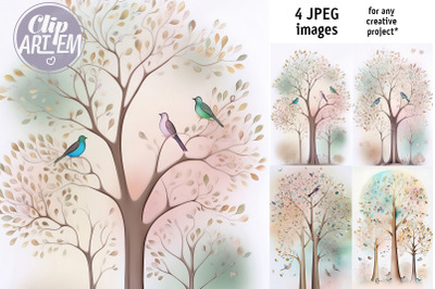 Pastel Tree Birds Wall Art Digital 4 JPEG Images Set Home Decor