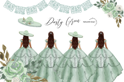 Dusty Green Princess Dress Clipart, Sage Green Quinceanera