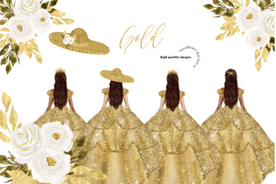 Gold Princess Dresses Quinceanera Clipart, White Gold Flowers