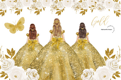 Elegant Gold Princess Dresses Clipart, White Flowers Clipart