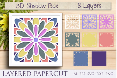 Flower shadow box svg, 3d layered papercut decor