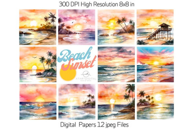 Watercolor Beach Sunsets Digital Paper Pack