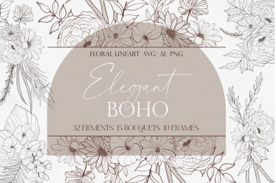 Elegant Boho Floral Line art SVG AI PNG