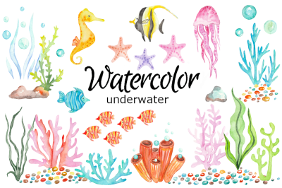 Underwater watercolor clipart ocean sea nautical