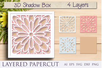 Flower mandala shadow box, Layered papercut decor
