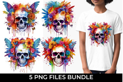 Skull With Flowers and Feathers Bundle PNG