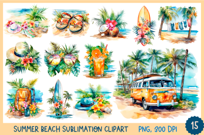 Watercolour Summer Tropical Beach Sublimation Clipart