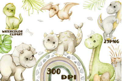 Watercolor dinosaurs boho clipart, dino neutral baby boys and girls cl