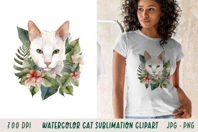 Watercolour White Cat In Tropical Leaves Sublimation Clipart