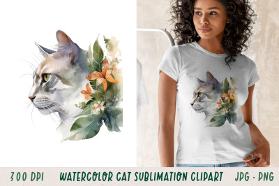 Watercolour Grey Cat In Tropical Leaves Sublimation Clipart