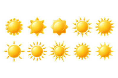 Sun 3D icons. Yellow brightness symbol, sun with rays shape, clear sun