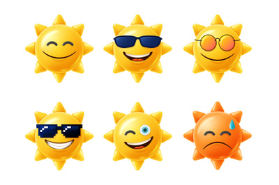 Sun 3D character. Happy yellow sun emoji with smiled face and sunglass