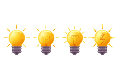 Light bulb 3D icons. Shiny bright idea or innovative solution symbol,