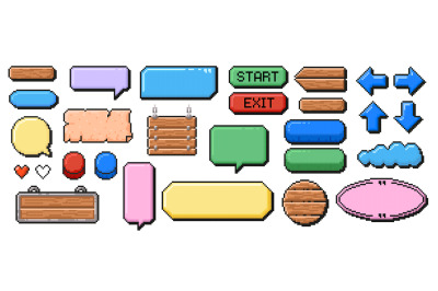 Pixel art frames. Retro 8 bit buttons, arrows, speech bubble messages