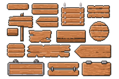 Pixel art wooden signs. Old road guidepost pointer, 8 bit wood style b