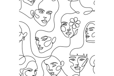 Continuous one line faces pattern. Linear female beauty models, abstra