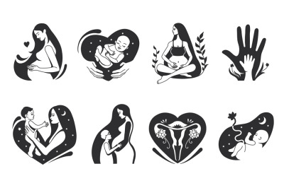 Hand drawn motherhood. Pregnant women, mother with child and womb mate