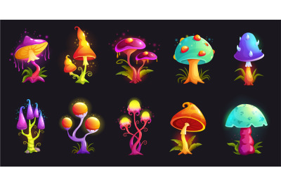 Fantasy mushrooms. Magic fungus, hallucinogenic neon fluorescent mushr