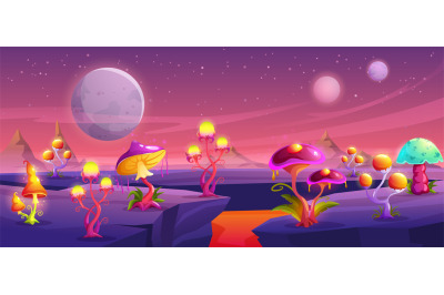 Fantasy mushroom planet surface. Alien forest, magic space fungus worl