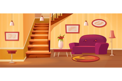 Cartoon interior with staircase. Cozy hallway room, home inside and tw