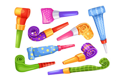 Cartoon party blowers. Tube horn, blowing noisemaker for birthday cele