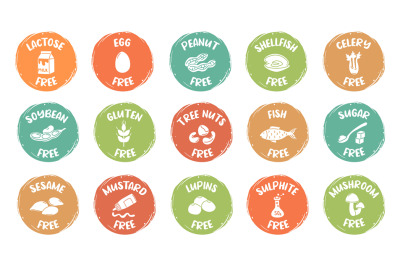 Hand drawn allergen free icons. Signs that food product is safe for pe