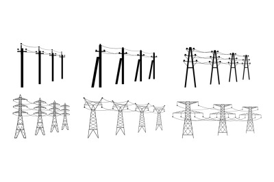 Energy distribution towers. High voltage power lines, utility pylons w