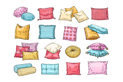 Hand drawn cozy cushions. Sketch bed pillows with textile patterns, do