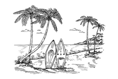 Hand drawn surf paradise. Sketch palm trees, surfboard and tropical be