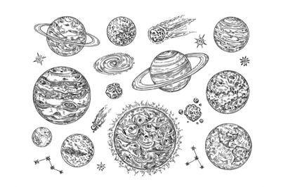 Sketch solar system planets. Hand drawn comet, moon, star, galaxy and