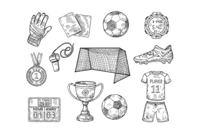 Sketch football elements. Hand drawn soccer ball, sports uniform, cham